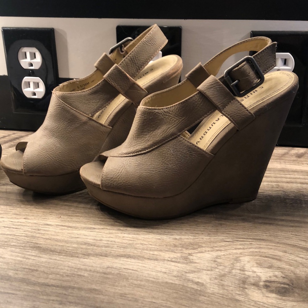Taupe Peep Toe Wedges